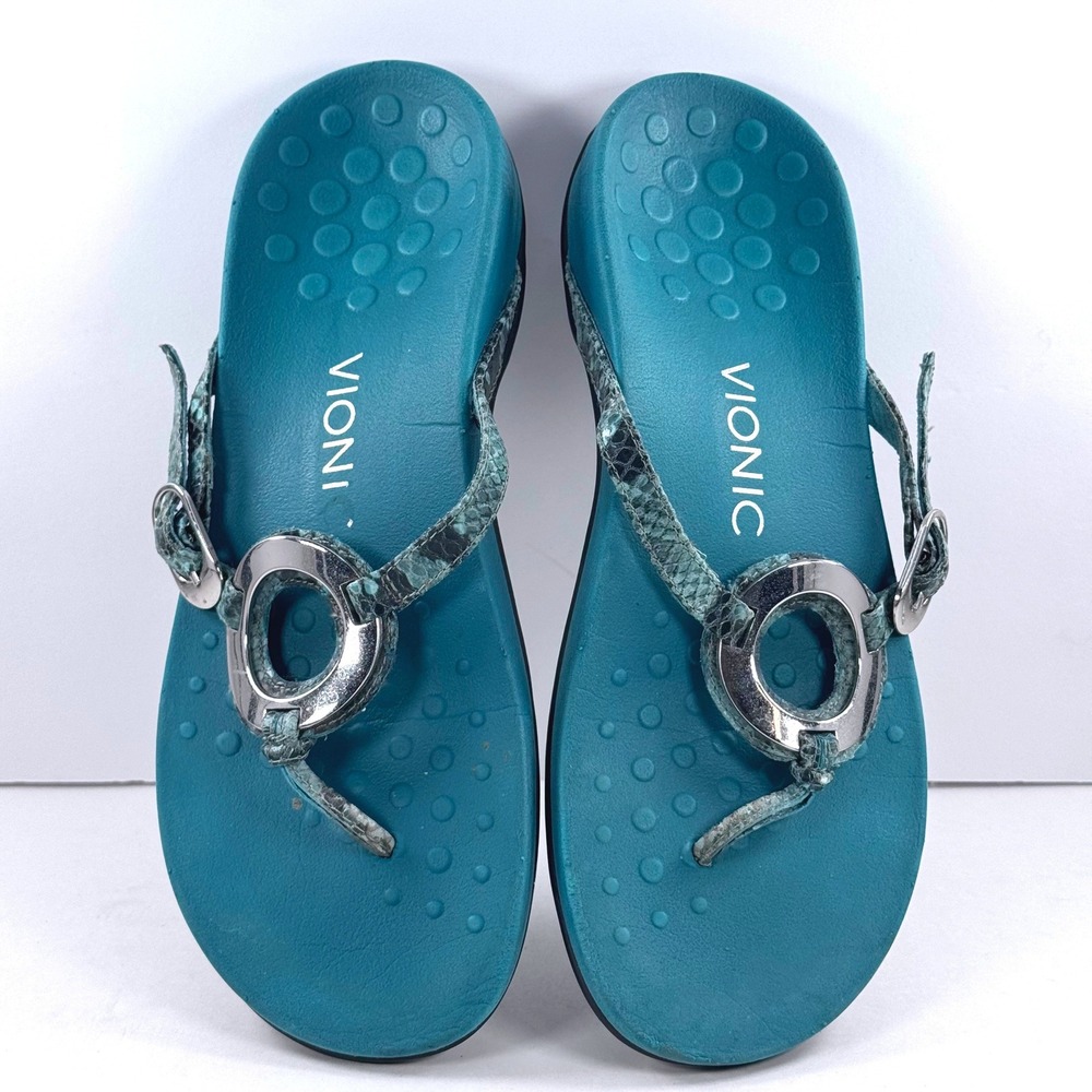 Vionic Karina Teal Snakeskin Orthotic Thong Sandals Silver Ring Womens 6